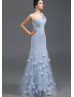 One Shoulder Blue Chiffon Tulle Chic Evening Dress